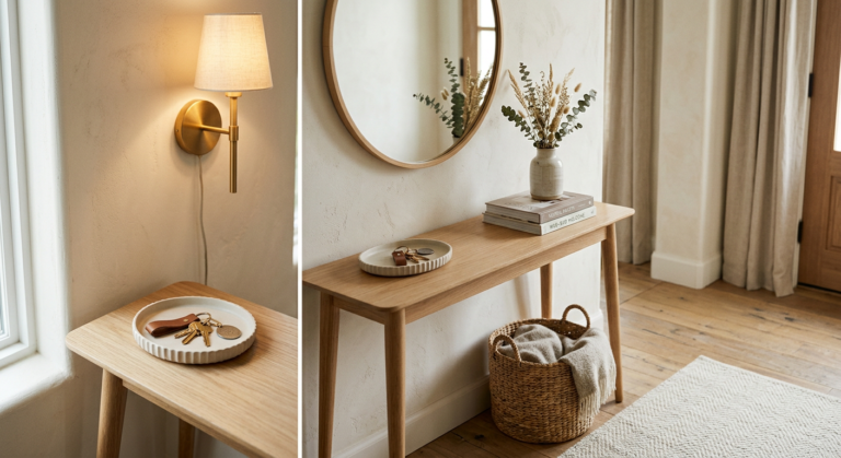 small entryway with a wood console, round mirror, and warm lamp